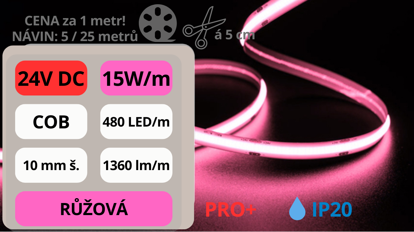 LED pásek COB 24V / 480LED / 15W / RŮŽOVÁ / IP20 / 10mm / PRO+